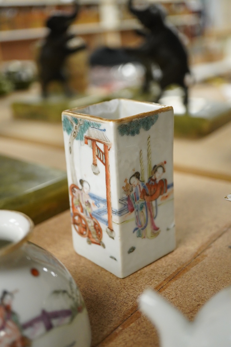 A collection of late 19th century Chinese famille wares to include a water pot, two teapots, and a square brushpot, together three Republic period tea bowls, largest 9cm high
